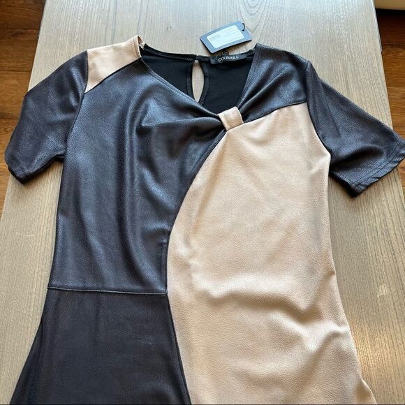 COURAGE.b BLACK/BEIGE FAUX LEATHER/SUEDE ROMATA DRESS S NWT - Picture 3 of 16